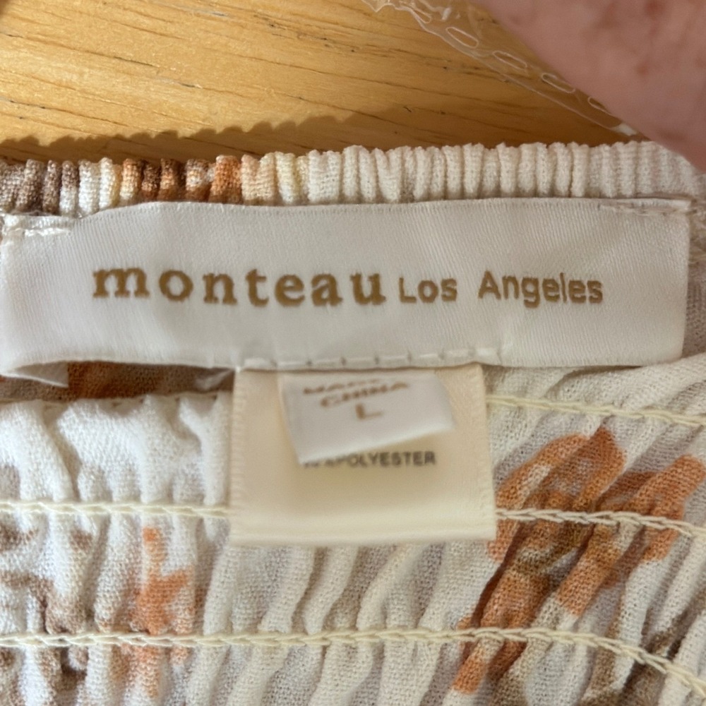 Monteau Los Angeles Maxi Sun Dress Womens Cream Tan Floral Smocked Cottagecore L - Picture 3 of 6